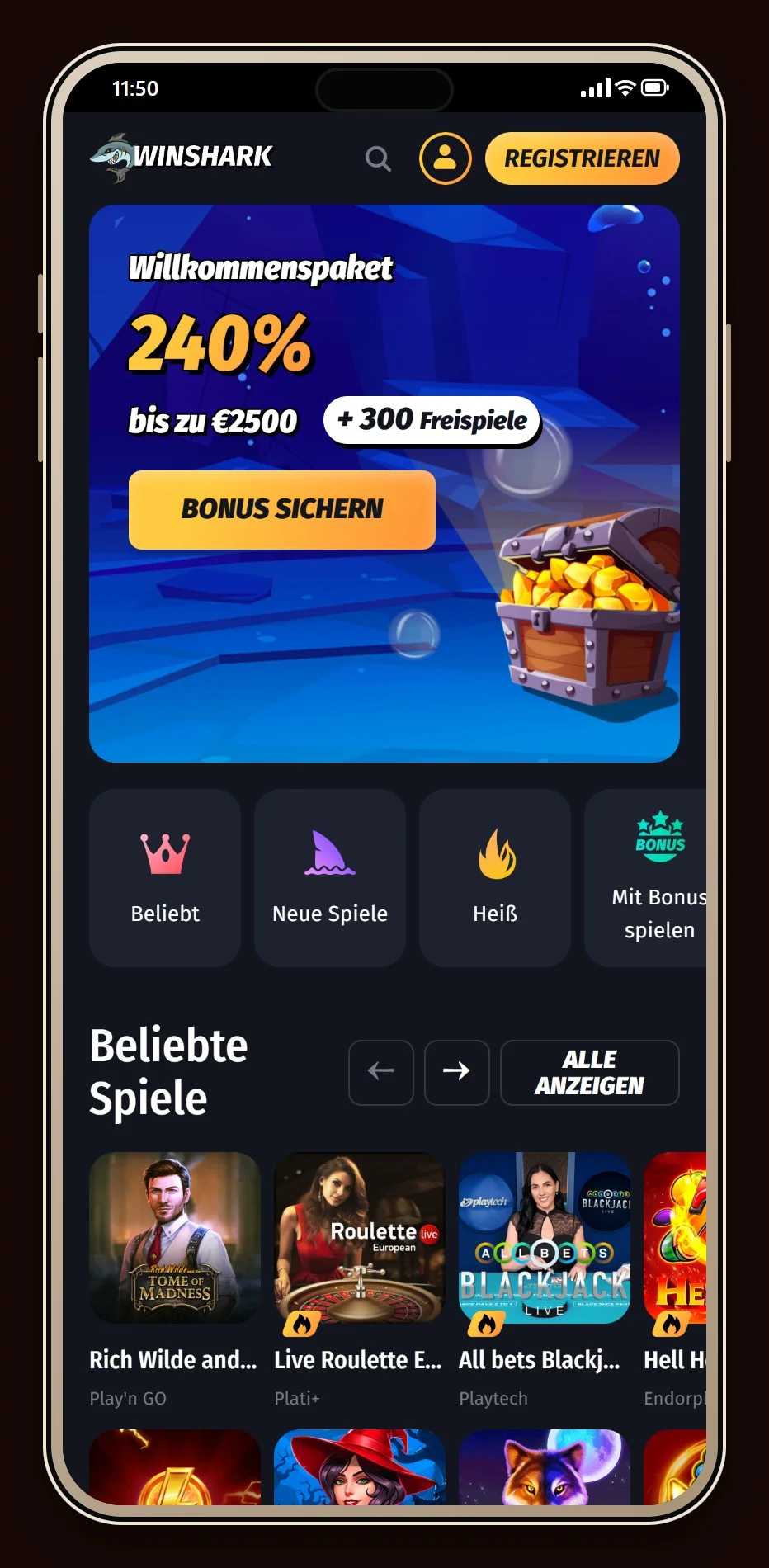 casino mit muchbetter: die Startseite des Casinos WinShark