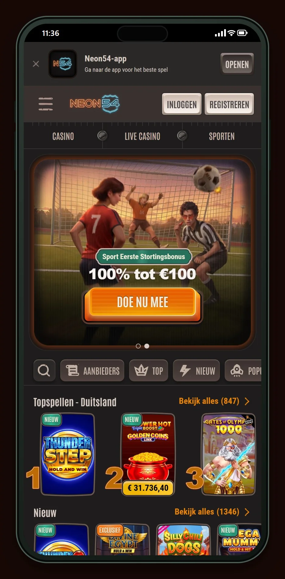 muchbetter online casino: de lobby van Neon54