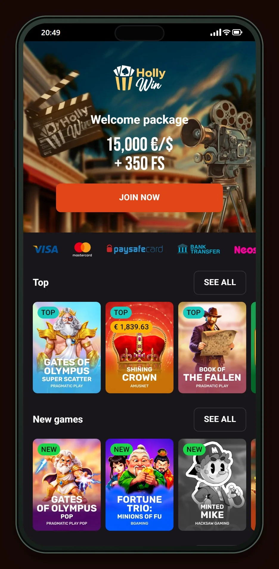 MuchBetter online casino: úvodní stránka Hollywin