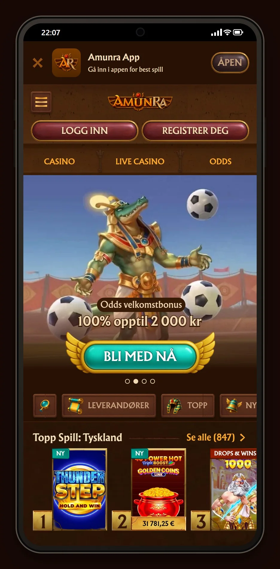 muchbetter casino: forsiden til casinoet AmunRa