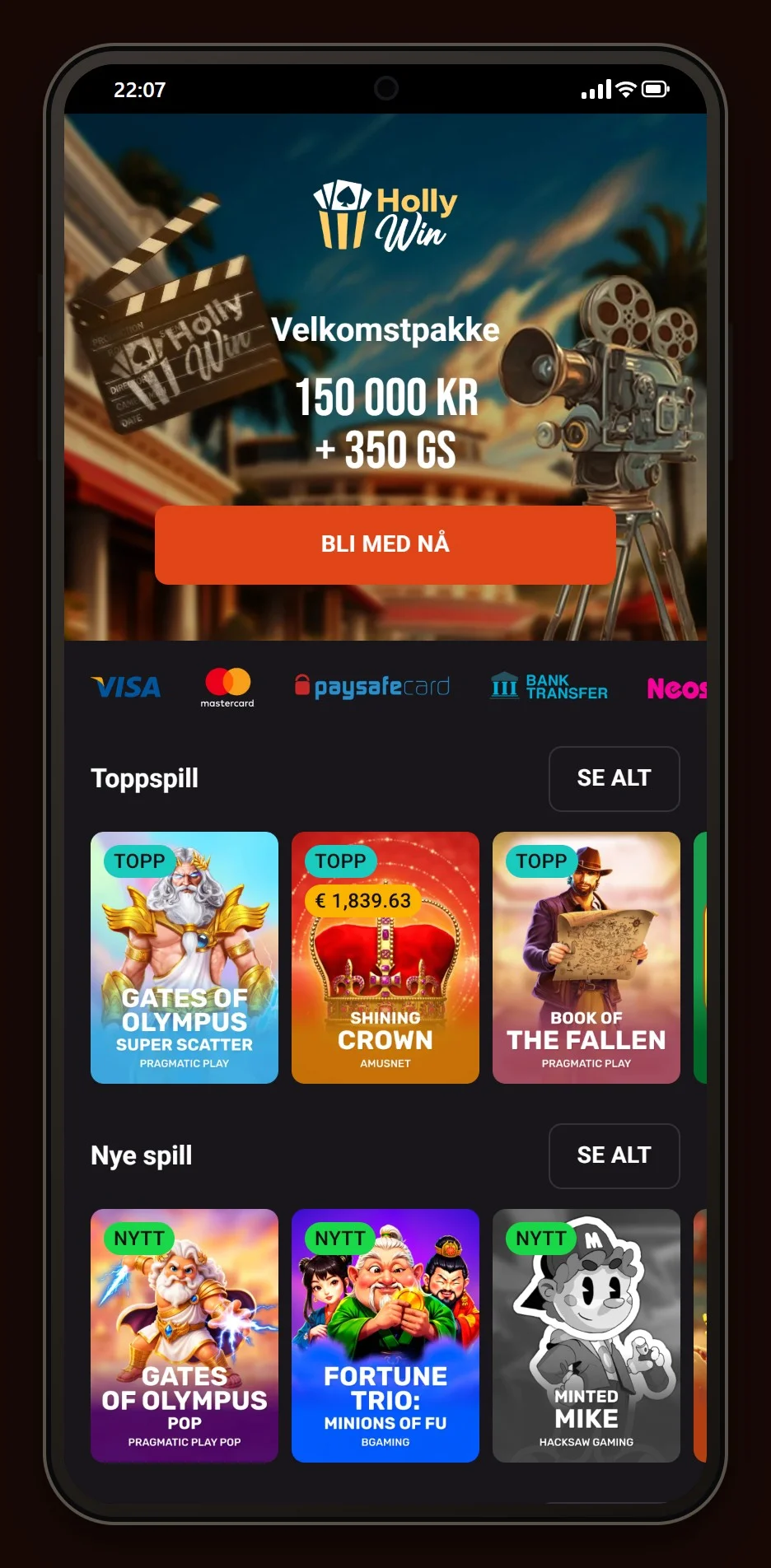 muchbetter casino norge: forsiden til casinoet Hollywin