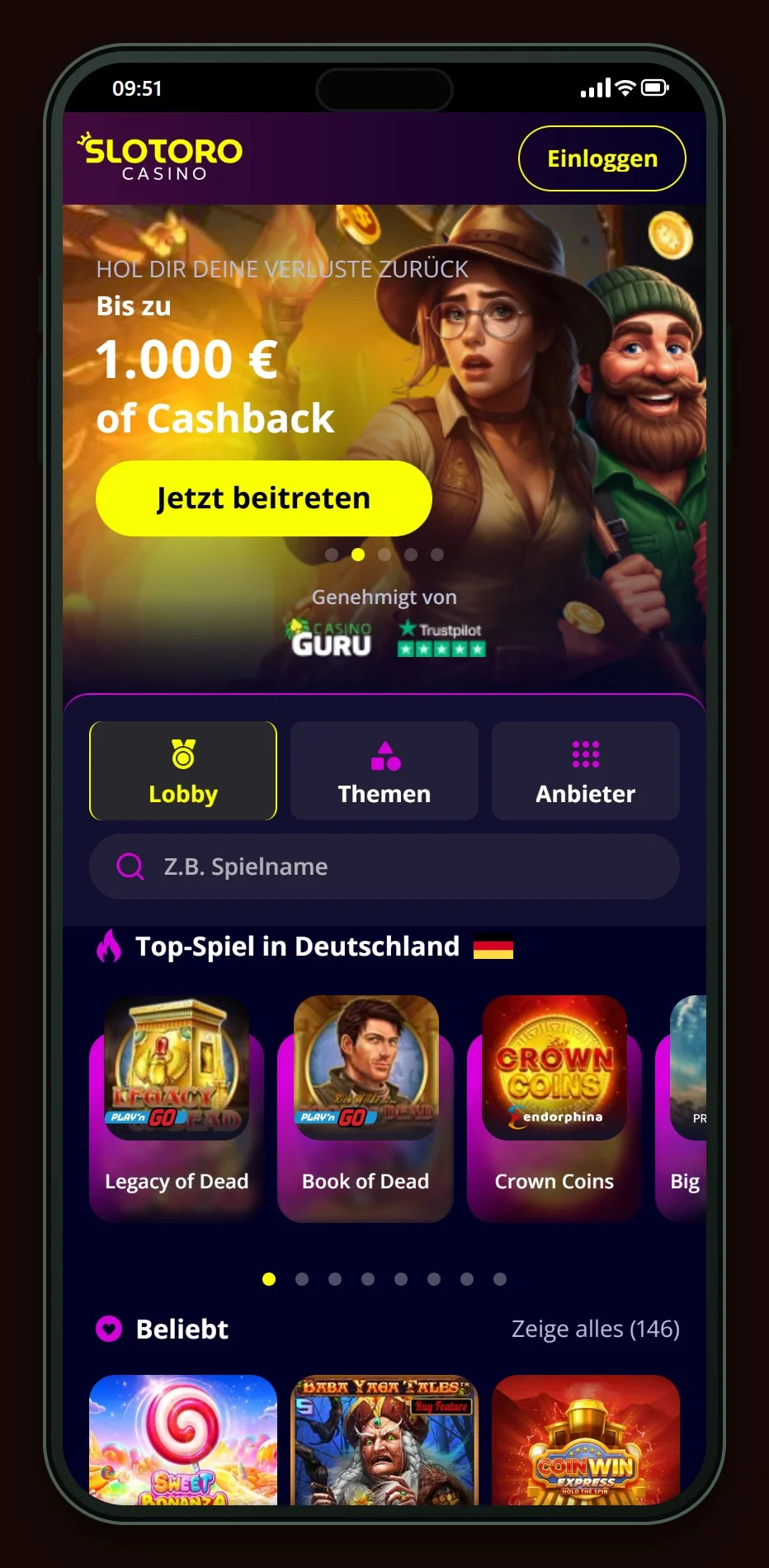 Casino MuchBetter: die Startseite des Casinos Slotoro
